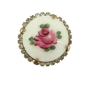 Vintage Floral Porcelain Rose Brooch With Rhinestone Accents